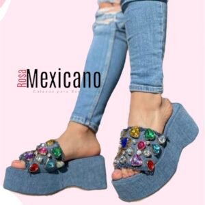 Plataformas denim con pedrería multicolor | Rosa Mexicano | CALIDAD PREMIUM