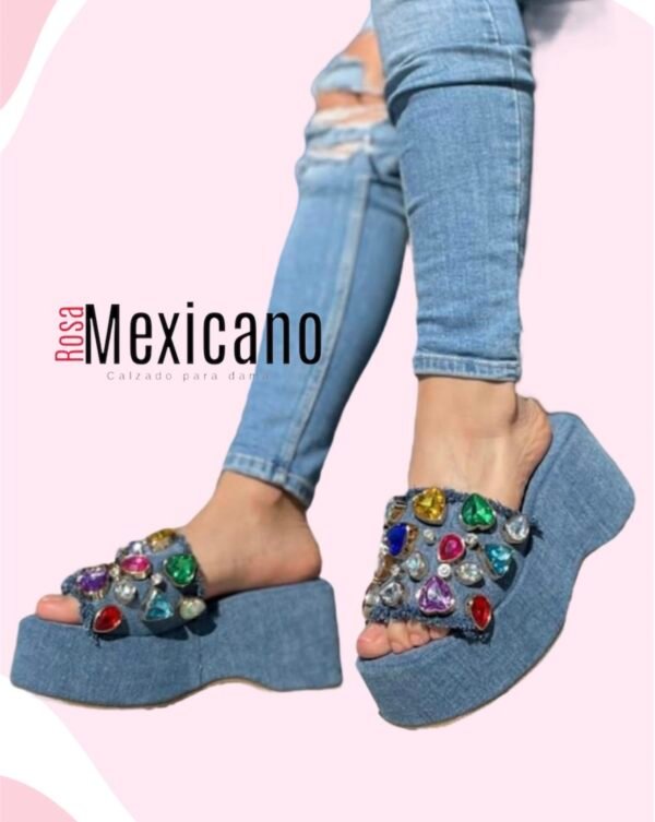 Plataformas denim con pedrería multicolor | Rosa Mexicano | CALIDAD PREMIUM