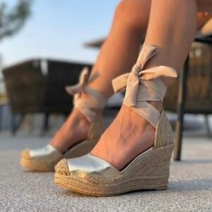 Alpargatas De yute Oro | 8 cm de altura Yute natural l | Sandalias Elegantes con Cinta para Mujer
