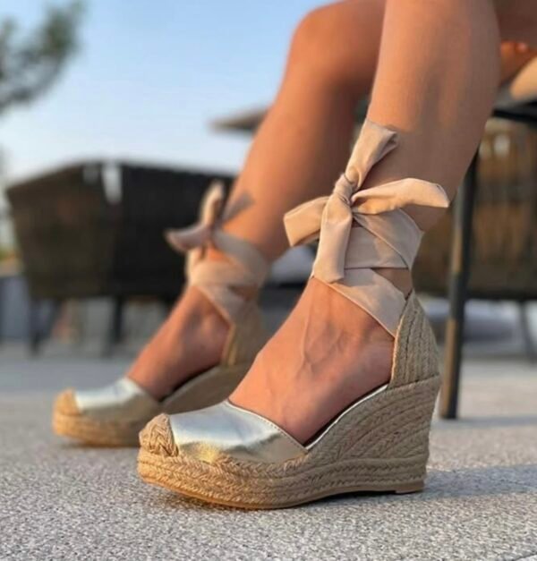Alpargatas De yute Oro | 8 cm de altura Yute natural l | Sandalias Elegantes con Cinta para Mujer