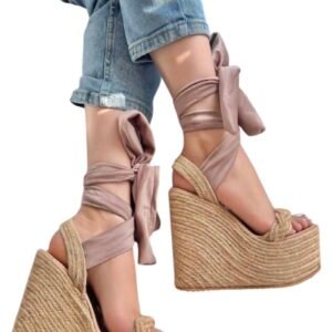 Plataformas de yute con cintas al tobillo color nude – Moda y comodidad en altura - 13 cm